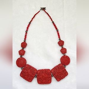 Carved red cinnabar Chinese necklace